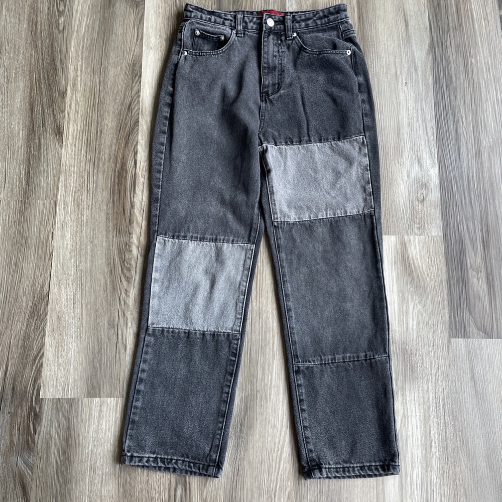 K Signature Patchwork High Waisted Straight Leg Jeans Washed Black sz 26